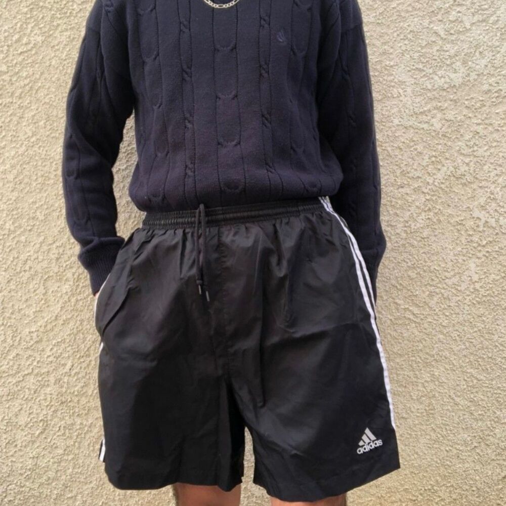 Adidas 90s Rare Satin Soccer Shorts Lisbon Silky Nylon Black White Medium - Picture 2 of 9